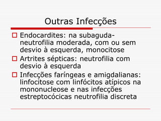 Outras Infecções
 Endocardites: na subaguda-
  neutrofilia moderada, com ou sem
  desvio à esquerda, monocitose
 Artrites sépticas: neutrofilia com
  desvio à esquerda
 Infecções faríngeas e amigdalianas:
  linfocitose com linfócitos atípicos na
  mononucleose e nas infecções
  estreptocócicas neutrofilia discreta
 