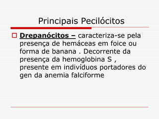 Principais Pecilócitos
 Drepanócitos – caracteriza-se pela
  presença de hemáceas em foice ou
  forma de banana . Decorrente da
  presença da hemoglobina S ,
  presente em indivíduos portadores do
  gen da anemia falciforme
 
