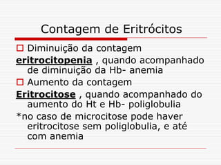 Contagem de Eritrócitos
 Diminuição da contagem
eritrocitopenia , quando acompanhado
  de diminuição da Hb- anemia
 Aumento da contagem
Eritrocitose , quando acompanhado do
  aumento do Ht e Hb- poliglobulia
*no caso de microcitose pode haver
  eritrocitose sem poliglobulia, e até
  com anemia
 