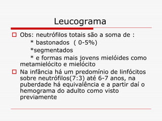 Leucograma
 Obs: neutrófilos totais são a soma de :
     * bastonados ( 0-5%)
     *segmentados
     * e formas mais jovens mielóides como
  metamielócito e mielócito
 Na infância há um predomínio de linfócitos
  sobre neutrófilos(7:3) até 6-7 anos, na
  puberdade há equivalência e a partir daí o
  hemograma do adulto como visto
  previamente
 