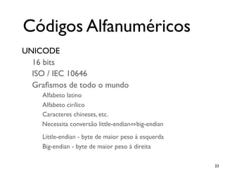23
Códigos Alfanuméricos
UNICODE
	

 16 bits
	

 ISO / IEC 10646
	

 Graﬁsmos de todo o mundo
Alfabeto latino
Alfabeto cirílico
Caracteres chineses, etc.
	

 	

 Necessita conversão little-endian big-endian
Little-endian - byte de maior peso à esquerda
Big-endian - byte de maior peso à direita
 