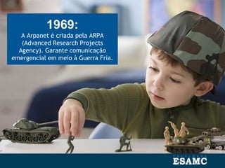 1969:
A Arpanet é criada pela ARPA
(Advanced Research Projects
Agency). Garante comunicação
emergencial em meio à Guerra Fria.
 