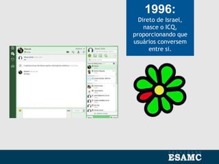 1996:
Direto de Israel,
nasce o ICQ,
proporcionando que
usuários conversem
entre si.
 