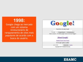 1998:
Google chega ao mercado
com um sistema
revolucionário de
ranqueamento de sites mais
populares de acordo com a
busca do usuário.
 