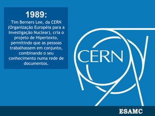 1989:
Tim Berners Lee, da CERN
(Organização Européia para a
Investigação Nuclear), cria o
projeto de Hipertexto,
permitindo que as pessoas
trabalhassem em conjunto,
combinando o seu
conhecimento numa rede de
documentos.
 