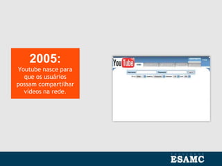 2005:
Youtube nasce para
que os usuários
possam compartilhar
vídeos na rede.
 