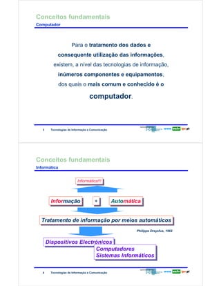 Conceitos fundamentais
        Computador




                                           Para o tratamento dos dados e
Redes de Computadores



                                 consequente utilização das informações,
                               existem, a nível das tecnologias de informação,
                                  inúmeros componentes e equipamentos,
                                  dos quais o mais comum e conhecido é o

                                                       computador.



                        3    Tecnologias de Informação e Comunicação




        Conceitos fundamentais
        Informática


                                               Informática!!!
                                                Informática!!!
Redes de Computadores




                              Informação
                               Informação                  +
                                                           +           Automática
                                                                       Automática


                        Tratamento de informação por meios automáticos
                        Tratamento de informação por meios automáticos
                                                                               Philippe Dreysfus, 1962


                            Dispositivos Electrónicos
                            Dispositivos Electrónicos
                                               Computadores
                                                Computadores
                                               Sistemas Informáticos
                                                Sistemas Informáticos

                        4    Tecnologias de Informação e Comunicação
 