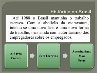 Até 1988 o Brasil mantinha o trabalho
escravo. Com a abolição da escravatura,
iniciou-se uma nova fase e uma nova forma
de trabalho, mas ainda com autoritarismo dos
empregadores sobre os empregados.
 
