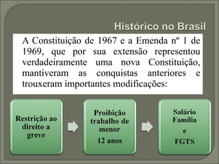 A Constituição de 1967 e a Emenda nº 1 de
1969, que por sua extensão representou
verdadeiramente uma nova Constituição,
mantiveram as conquistas anteriores e
trouxeram importantes modificações:
 