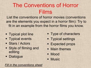 The Conventions of Horror
Films
 Typical plot line
 Typical events
 Stars / Actors
 Style of filming and
editing
 Dialogue
 Type of characters
 Typical settings
 Expected props
 Main themes
 Mood
 Music
List the conventions of horror movies (conventions
are the elements you expect in a horror film): Try to
fit in an example from the horror films you know.
Fill in the conventions sheet
 