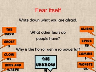 Fear itself
Write down what you are afraid.
What other fears do
people have?
Why is the horror genre so powerful?
the
dark
ghost
s
clow
ns
bees and
wasps
aliens
monste
rs
The
unknow
zombie
s
spide
rs
 