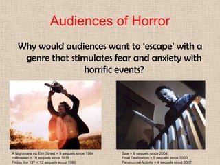 Audiences of Horror
Why would audiences want to ‘escape’ with a
genre that stimulates fear and anxiety with
horrific events?
A Nightmare on Elm Street = 9 sequels since 1984 Saw = 6 sequels since 2004
Halloween = 10 sequels since 1978 Final Destination = 5 sequels since 2000
Friday the 13th = 12 sequels since 1980 Paranormal Activity = 4 sequels since 2007
 
