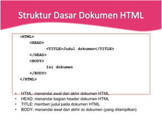 < HTML>   <HEAD> <TITLE>Judul dokumen</TITLE>   </HEAD>   <BODY> Isi dokumen    </BODY> </HTML> HTML: menandai awal dan akhir dokumen HTML HEAD: menandai bagian header dokumen HTML TITLE: memberi judul pada dokumen HTML BODY: menandai awal dan akhir isi dokumen (yang ditampilkan) 
