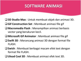 3D Studio Max  : Untuk membuat objek dan animasi 3D. Gif Construction Set  : Membuat animasi file gif Macromedia Flash  : Menampilkan animasi berbasis vector yang berukuran kecil. Microsoft Gif Animator  : Membuat animasi file gif Swift 3D  : Merancang animasi 3D dengan format file FLASH. Swish  : Membuat berbagai macam efek text dengan format file FLASH. Ulead Cool 3D  : Membuat animasi efek text 3D. 