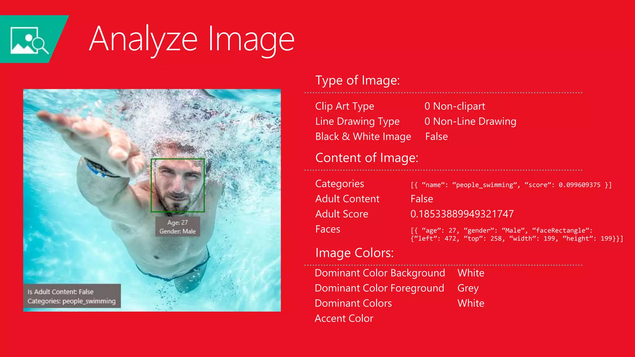 Analyze Image
Type of Image:
Clip Art Type 0 Non-clipart
Line Drawing Type 0 Non-Line Drawing
Black & White Image False
Content of Image:
Categories [{ “name”: “people_swimming”, “score”: 0.099609375 }]
Adult Content False
Adult Score 0.18533889949321747
Faces [{ “age”: 27, “gender”: “Male”, “faceRectangle”:
{“left”: 472, “top”: 258, “width”: 199, “height”: 199}}]
Image Colors:
Dominant Color Background White
Dominant Color Foreground Grey
Dominant Colors White
Accent Color
 