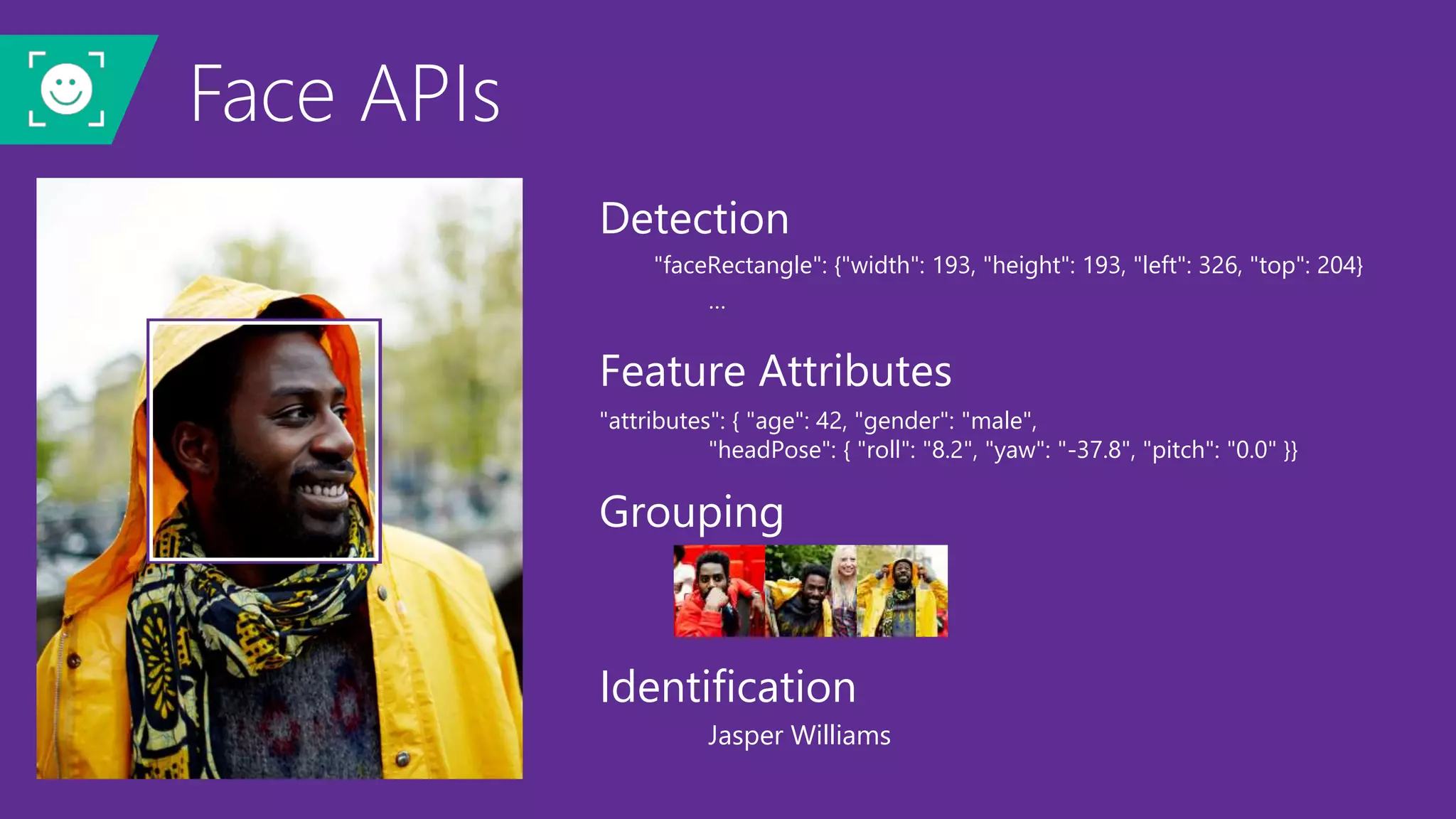 Face APIs
Detection
"faceRectangle": {"width": 193, "height": 193, "left": 326, "top": 204}
…
Feature Attributes
"attributes": { "age": 42, "gender": "male",
"headPose": { "roll": "8.2", "yaw": "-37.8", "pitch": "0.0" }}
Identification
Jasper Williams
Grouping
 