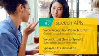 Speech APIs
Voice Recognition (Speech to Text)
Converts spoken audio to text
Voice Output (Text to Speech)
Synthesize audio from text
Speaker ID & Diarisation
Coming soon
 