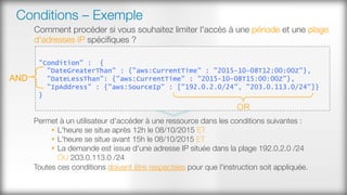 Conditions – Exemple
"Condition" : {
"DateGreaterThan" : {"aws:CurrentTime" : "2015-10-08T12:00:00Z"},
"DateLessThan": {"aws:CurrentTime" : "2015-10-08T15:00:00Z"},
"IpAddress" : {"aws:SourceIp" : ["192.0.2.0/24", "203.0.113.0/24"]}
}
Permet à un utilisateur d'accéder à une ressource dans les conditions suivantes :
§  L'heure se situe après 12h le 08/10/2015 ET
§  L'heure se situe avant 15h le 08/10/2015 ET
§  La demande est issue d'une adresse IP située dans la plage 192.0.2.0 /24 #
OU 203.0.113.0 /24
Toutes ces conditions doivent être respectées pour que l'instruction soit appliquée.
AND
OR
Comment procéder si vous souhaitez limiter l'accès à une période et une plage
d'adresses IP spéciﬁques ?
 