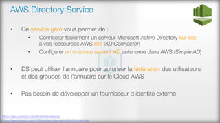 AWS Directory Service
•  Ce service géré vous permet de :
•  Connecter facilement un serveur Microsoft Active Directory sur site #
à vos ressources AWS site (AD Connector)
•  Conﬁgurer un nouveau serveur AD autonome dans AWS (Simple AD)
•  DS peut utiliser l'annuaire pour autoriser la fédération des utilisateurs
et des groupes de l'annuaire sur le Cloud AWS
•  Pas besoin de développer un fournisseur d’identité externe
https://aws.amazon.com/fr/directoryservice/
https://aws.amazon.com/fr/blogs/aws/new-aws-directory-service/ 
 