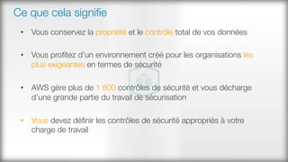 •  Vous conservez la propriété et le contrôle total de vos données
•  Vous proﬁtez d'un environnement créé pour les organisations les
plus exigeantes en termes de sécurité
•  AWS gère plus de 1 800 contrôles de sécurité et vous décharge
d’une grande partie du travail de sécurisation
•  Vous devez déﬁnir les contrôles de sécurité appropriés à votre
charge de travail
Ce que cela signiﬁe
 