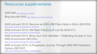 Ressources supplémentaires
AWS IAM http://aws.amazon.com/iam
Blog sécurité AWS https://blogs.aws.amazon.com/security/
AWS re:Invent 2016: Become an AWS IAM Policy Ninja in 60mn (SAC303) #
https://www.youtube.com/watch?v=y7-fAT3z8Lo 
AWS re:Invent 2016: IAM Best Practices to Live By (SAC317)
https://www.youtube.com/watch?v=SGntDzEn30s
AWS re:Invent 2014: Bring Your Own Identities – Federating Access to Your
AWS Environment (SEC304) 
https://www.youtube.com/watch?v=debJ3o5w0MA 
AWS re:Invent 2015: A Progressive Journey Through AWS IAM Federation
Options (SEC307)#
https://www.youtube.com/watch?v=-XARG9W2bGc 
 