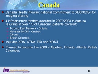 Canada Canada Health Infoway: national Commitment to XDS/XDS-I for imaging sharing  4 infrastructure tenders awarded in 2007/2008 to date so resulting in over 1/3 of Canadian patients covered: Toronto East Network - Ontario Montreal McGill - Quebec Alberta British Columbia Includes XDS, ATNA, PIX and XDS-I. Planned to become live 2008 in Quebec, Ontario, Alberta, British Columbia. 