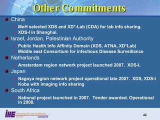 Other Commitments China MoH selected XDS and XD*-Lab (CDA) for lab info sharing. XDS-I in Shanghai. Israel, Jordan, Palestinian Authority Public Health Info Affinity Domain (XDS, ATNA, XD*Lab) Middle east Consortium for infectious Disease Surveillance Netherlands Amsterdam region network project launched 2007.  XDS-I. Japan Nagoya region network project operational late 2007.  XDS, XDS-I Kobe with imaging info sharing South Africa National project launched in 2007.  Tender awarded. Operational in 2008. 