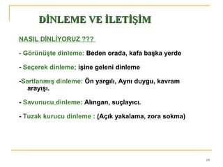 19
NASIL DİNLİYORUZ ???
- Görünüşte dinleme: Beden orada, kafa başka yerde
- Seçerek dinleme; işine geleni dinleme
-Sartlanmış dinleme: Ön yargılı, Aynı duygu, kavram
arayışı.
-
- Savunucu dinleme: Alıngan, suçlayıcı.
- Tuzak kurucu dinleme : (Açık yakalama, zora sokma)
DİNLEME VE İLETİŞİMDİNLEME VE İLETİŞİM
 