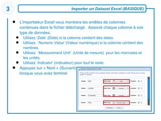 Importer un Dataset Excel (BASIQUE) L'importateur Excel vous montrera les entêtes de colonnes contenues dans le fichier téléchargé.  Associé chaque colonne à son type de données. Utilisez ‘ Date ’ (Date) si la colonne contient des dates. Utilisez  ‘ Numeric Value ’ (Valeur numérique) si la colonne contient des nombres. Utilisez  ‘ Measurement   Unit ’  (Unité de mesure)  pour les monnaies et les unités. Utilisez ‘ Indicator ’  (indicateur) pour tout le reste. Appuyez sur « Next » (Suivant)  lorsque vous avez terminé 