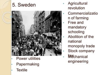 5. Sweden • Agricultural
revolution
• Commercializatio
n of farming
• Free and
mandatory
schooling
• Abolition of the
national
monopoly trade
• Stock company
law• Mechanical
engineering
• Power utilities
• Papermaking
• Textile
 