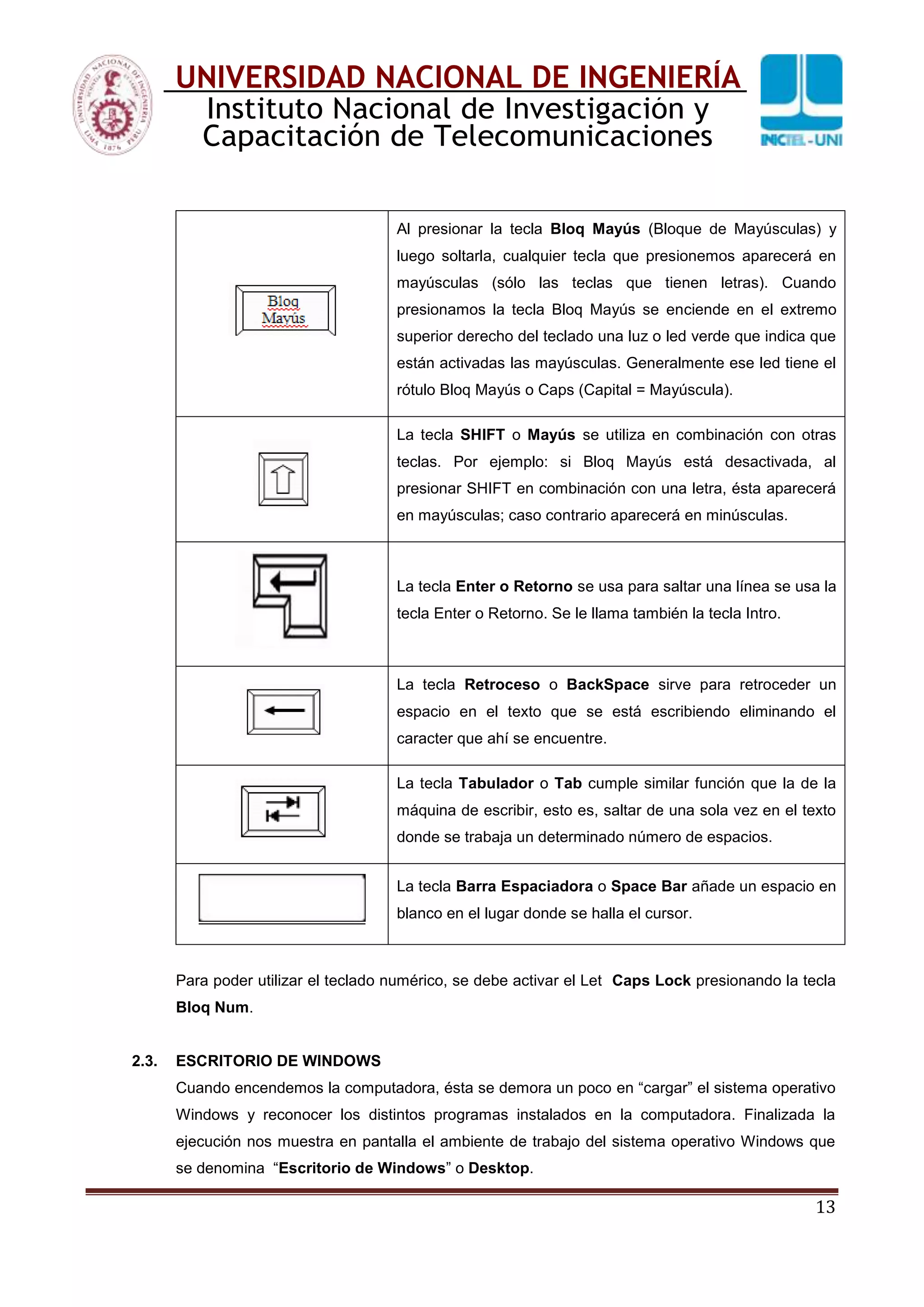 13
UNIVERSIDAD NACIONAL DE INGENIERÍA
Instituto Nacional de Investigación y
Capacitación de Telecomunicaciones
Al presionar la tecla Bloq Mayús (Bloque de Mayúsculas) y
luego soltarla, cualquier tecla que presionemos aparecerá en
mayúsculas (sólo las teclas que tienen letras). Cuando
presionamos la tecla Bloq Mayús se enciende en el extremo
superior derecho del teclado una luz o led verde que indica que
están activadas las mayúsculas. Generalmente ese led tiene el
rótulo Bloq Mayús o Caps (Capital = Mayúscula).
La tecla SHIFT o Mayús se utiliza en combinación con otras
teclas. Por ejemplo: si Bloq Mayús está desactivada, al
presionar SHIFT en combinación con una letra, ésta aparecerá
en mayúsculas; caso contrario aparecerá en minúsculas.
La tecla Enter o Retorno se usa para saltar una línea se usa la
tecla Enter o Retorno. Se le llama también la tecla Intro.
La tecla Retroceso o BackSpace sirve para retroceder un
espacio en el texto que se está escribiendo eliminando el
caracter que ahí se encuentre.
La tecla Tabulador o Tab cumple similar función que la de la
máquina de escribir, esto es, saltar de una sola vez en el texto
donde se trabaja un determinado número de espacios.
La tecla Barra Espaciadora o Space Bar añade un espacio en
blanco en el lugar donde se halla el cursor.
Para poder utilizar el teclado numérico, se debe activar el Let Caps Lock presionando la tecla
Bloq Num.
2.3. ESCRITORIO DE WINDOWS
Cuando encendemos la computadora, ésta se demora un poco en “cargar” el sistema operativo
Windows y reconocer los distintos programas instalados en la computadora. Finalizada la
ejecución nos muestra en pantalla el ambiente de trabajo del sistema operativo Windows que
se denomina “Escritorio de Windows” o Desktop.
 
