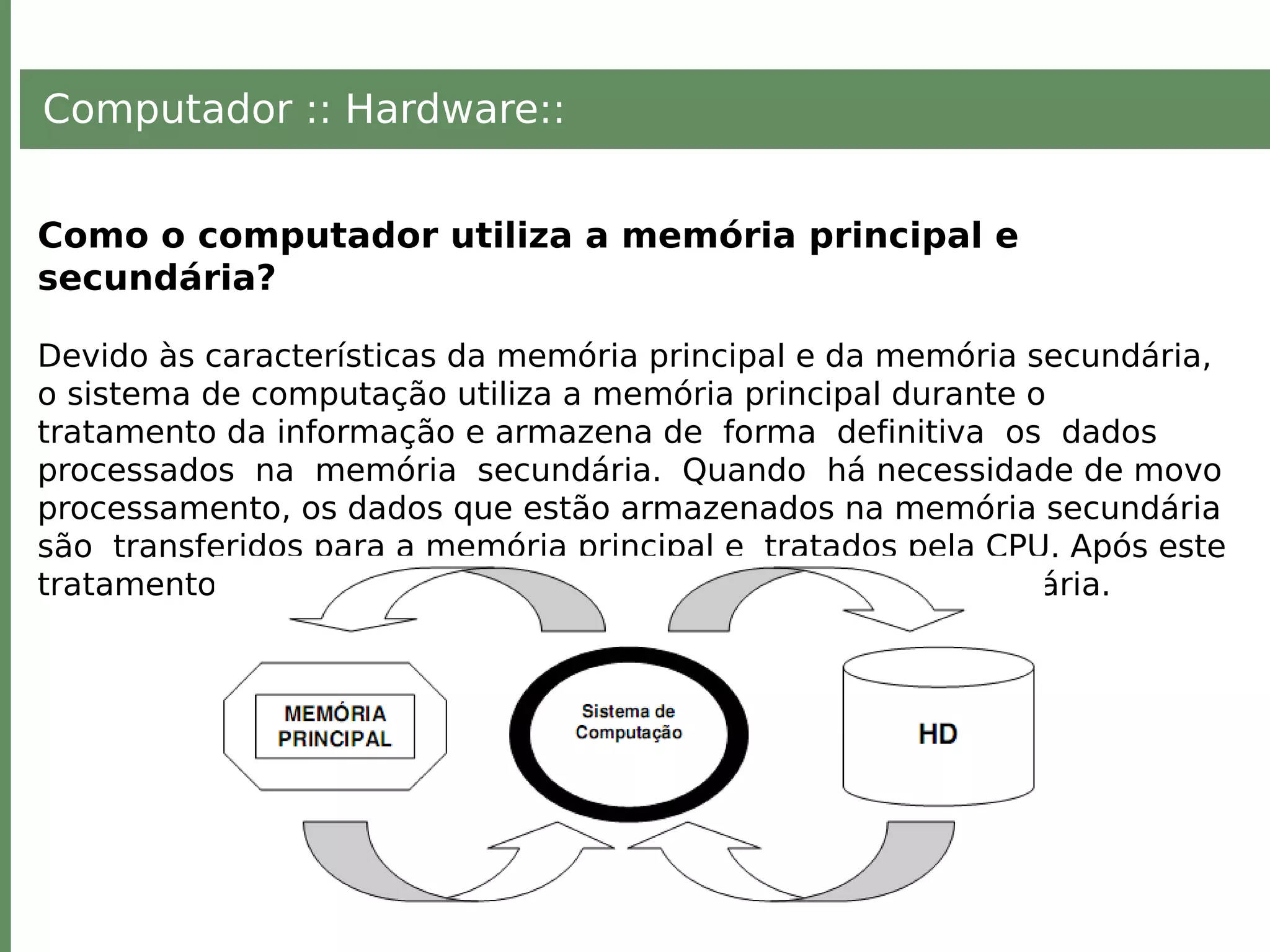 Computador :: Hardware::
Como o computador utiliza a memória principal e
secundária?
Devido às características da memória principal e da memória secundária,
o sistema de computação utiliza a memória principal durante o
tratamento da informação e armazena de forma definitiva os dados
processados na memória secundária. Quando há necessidade de movo
processamento, os dados que estão armazenados na memória secundária
são transferidos para a memória principal e tratados pela CPU. Após este
tratamento, eles são novamente gravados na memória secundária.
 