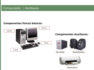 Computador :: Hardware
Componentes físicos básicos:
Componentes Auxiliares:
Impressora
No-break Estabilizador
 