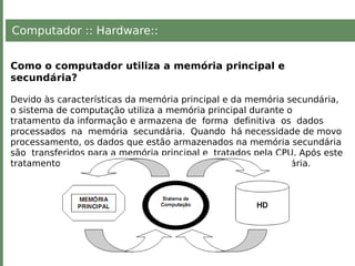 Computador :: Hardware::
Como o computador utiliza a memória principal e
secundária?
Devido às características da memória principal e da memória secundária,
o sistema de computação utiliza a memória principal durante o
tratamento da informação e armazena de forma definitiva os dados
processados na memória secundária. Quando há necessidade de movo
processamento, os dados que estão armazenados na memória secundária
são transferidos para a memória principal e tratados pela CPU. Após este
tratamento, eles são novamente gravados na memória secundária.
 