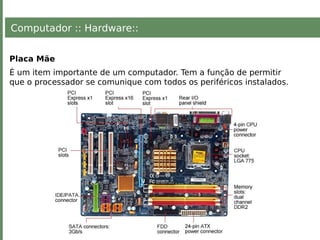 Computador :: Hardware::
Placa Mãe
É um item importante de um computador. Tem a função de permitir
que o processador se comunique com todos os periféricos instalados.
 
