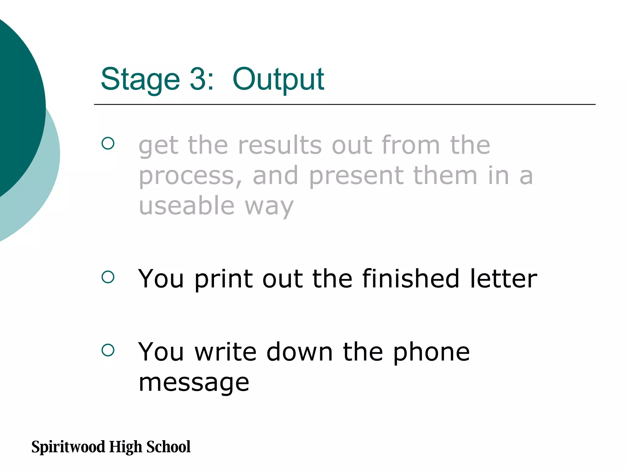 Stage 3:  Output get the results out from the process, and present them in a useable way You print out the finished letter You write down the phone message  Spiritwood High School 