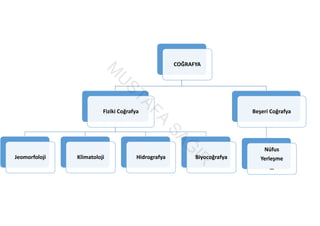 COĞRAFYA
Fiziki Coğrafya
Jeomorfoloji Klimatoloji Hidrografya Biyocoğrafya
Beşeri Coğrafya
Nüfus
Yerleşme
…
M
U
STAFA
SAĞ
IR
 