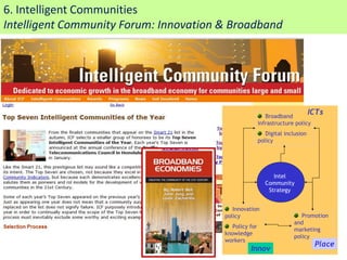 6. Intelligent Communities
Intelligent Community Forum: Innovation & Broadband




                                                           Broadband
                                                                               ICTs
                                                        infrastructure policy
                                                           Digital inclusion
                                                        policy




                                                              Intel
                                                           Community
                                                            Strategy


                                           Innovation
                                        policy                           Promotion
                                                                      and
                                           Policy for
                                                                      marketing
                                        knowledge
                                                                      policy
                                        workers
                                                                                Place
                                                  Innov                          18
 