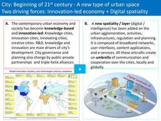 City: Beginning of 21st century - A new type of urban space
Two driving forces: Innovation-led economy + Digital spatiality
 A. The contemporary urban economy and             B. A new spatiality / layer (digital /
    society has become knowledge-based                intelligence) has been added on the
    and innovation-led: Knowledge cities,             urban agglomeration, activities,
    innovation cities, innovating cities,             infrastructures, regulation and planning.
    creative cities. R&D, knowledge and               It is composed of broadband networks,
    innovation are main drivers of city’s             user interfaces, content applications,
    development. City governance and                  and e-services. All these artcrafts create
    planning also change by public-private            un umbrella of communication and
    partnerships and triple-helix alliances.          cooperation over the cities, locally and
                                                      globally.
                                               +
 