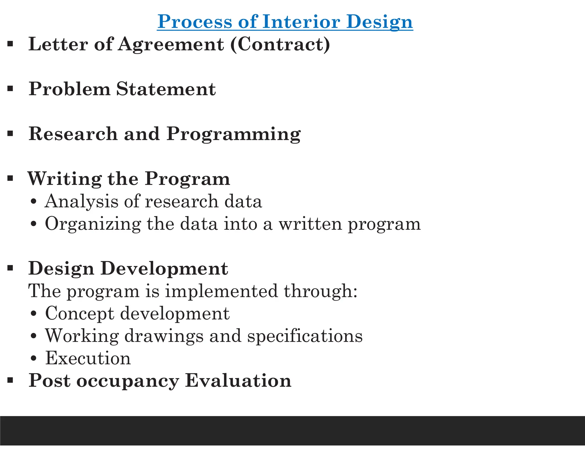 Process of Interior Design
 Letter of Agreement (Contract)
 Problem Statement
 Research and Programming
 Writing the Program
• Analysis of research data
• Organizing the data into a written program
 Design Development
The program is implemented through:
• Concept development
• Working drawings and specifications
• Execution
 Post occupancy Evaluation
 