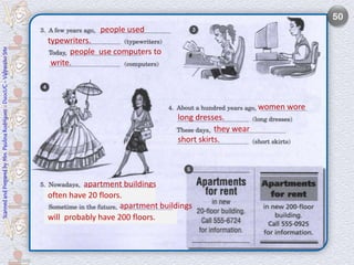 50
                                                                                          people used
                                                                            typewriters.
Scanned and Prepared by Mrs. Paulina Rodríguez - DuocUC - Valparaíso Site




                                                                                  people use computers to
                                                                             write.



                                                                                                                                      women wore
                                                                                                               long dresses.
                                                                                                                          they wear
                                                                                                               short skirts.




                                                                                      apartment buildings
                                                                            often have 20 floors.
                                                                                                apartment buildings
                                                                            will probably have 200 floors.
 