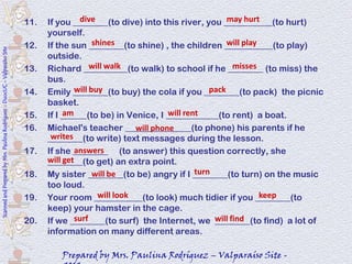 11.            dive                                      may hurt
                                                                                  If you ________(to dive) into this river, you ___________(to hurt)
                                                                                  yourself.
                                                                            12.                 shines                               will play
                                                                                  If the sun ________(to shine) , the children ___________(to play)
Scanned and Prepared by Mrs. Paulina Rodríguez - DuocUC - Valparaíso Site




                                                                                  outside.
                                                                            13.                will walk                              misses
                                                                                  Richard __________(to walk) to school if he ________ (to miss) the
                                                                                  bus.
                                                                            14.           will buy                              pack
                                                                                  Emily ________(to buy) the cola if you ________(to pack) the picnic
                                                                                  basket.
                                                                            15.        am                           will rent
                                                                                  If I ______(to be) in Venice, I ____________(to rent) a boat.
                                                                            16.   Michael's teacher _______________(to phone) his parents if he
                                                                                                           will phone
                                                                                   writes
                                                                                  ________(to write) text messages during the lesson.
                                                                            17.   If she ________ (to answer) this question correctly, she
                                                                                          answers
                                                                                  will get
                                                                                  ________(to get) an extra point.
                                                                            18.                                             turn
                                                                                  My sister ________(to be) angry if I ________(to turn) on the music
                                                                                                will be
                                                                                  too loud.
                                                                            19.                  will look
                                                                                  Your room ___________(to look) much tidier if you ________(tokeep
                                                                                  keep) your hamster in the cage.
                                                                            20.           surf
                                                                                  If we ________(to surf) the Internet, we will find
                                                                                                                                 ________(to find) a lot of
                                                                                  information on many different areas.

                                                                                     Prepared by Mrs. Paulina Rodríguez – Valparaíso Site -
 