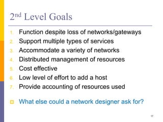 2nd Level Goals
1. Function despite loss of networks/gateways
2. Support multiple types of services
3. Accommodate a variety of networks
4. Distributed management of resources
5. Cost effective
6. Low level of effort to add a host
7. Provide accounting of resources used
 What else could a network designer ask for?
17
 