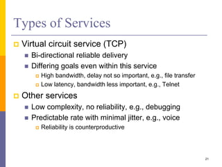 Types of Services
 Virtual circuit service (TCP)
 Bi-directional reliable delivery
 Differing goals even within this service
 High bandwidth, delay not so important, e.g., file transfer
 Low latency, bandwidth less important, e.g., Telnet
 Other services
 Low complexity, no reliability, e.g., debugging
 Predictable rate with minimal jitter, e.g., voice
 Reliability is counterproductive
21
 