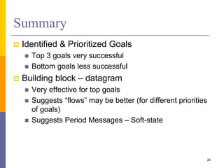 Summary
 Identified & Prioritized Goals
 Top 3 goals very successful
 Bottom goals less successful
 Building block – datagram
 Very effective for top goals
 Suggests “flows” may be better (for different priorities
of goals)
 Suggests Period Messages – Soft-state
26
 