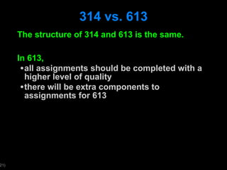 314 vs. 613 The structure of 314 and 613 is the same. In 613,  all assignments should be completed with a higher level of quality there will be extra components to assignments for 613 