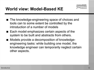 Introduction 12
World view: Model-Based KE
■  The knowledge-engineering space of choices and
tools can to some extent be controlled by the
introduction of a number of models
■  Each model emphasizes certain aspects of the
system to be built and abstracts from others.
■  Models provide a decomposition of knowledge-
engineering tasks: while building one model, the
knowledge engineer can temporarily neglect certain
other aspects.
 