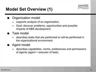 Introduction 16
Model Set Overview (1)
■  Organization model
➤  supports analysis of an organization,
➤  Goal: discover problems, opportunities and possible
impacts of KBS development.
■  Task model
➤  describes tasks that are performed or will be performed in
the organizational environment
■  Agent model
➤  describes capabilities, norms, preferences and permissions
of agents (agent = executor of task).
 