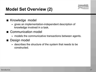 Introduction 17
Model Set Overview (2)
■  Knowledge model
➤  gives an implementation-independent description of
knowledge involved in a task.
■  Communication model
➤  models the communicative transactions between agents.
■  Design model
➤  describes the structure of the system that needs to be
constructed.
 