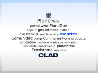 Plone    Wiki
          portal www PloneGov
        zope e-gov intranet python
   CMS web2.0 WebSemantica menttes
Comunidad Django CommunesPlone producto
   Educación InnovaciónMasiva comunicación
     GestiónDeConocimiento plataforma
           Ecosistema   servicios
 